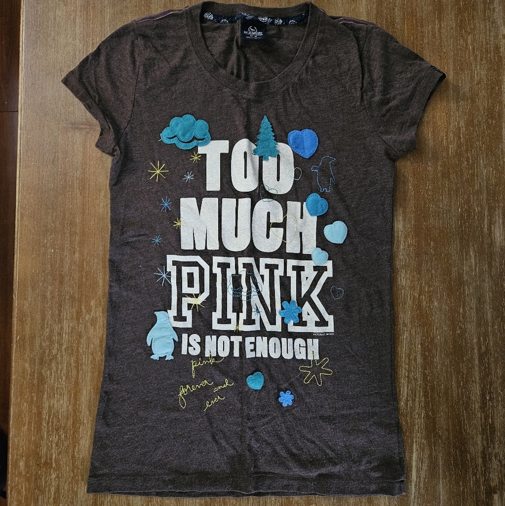 Victoria's Secret Brown Tee with Blue and White Graphics